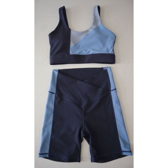 Wilo The Label x Anthropologie Sz S Blue Colorblock Rib Sports Bra & Shorts Set - Picture 1 of 11